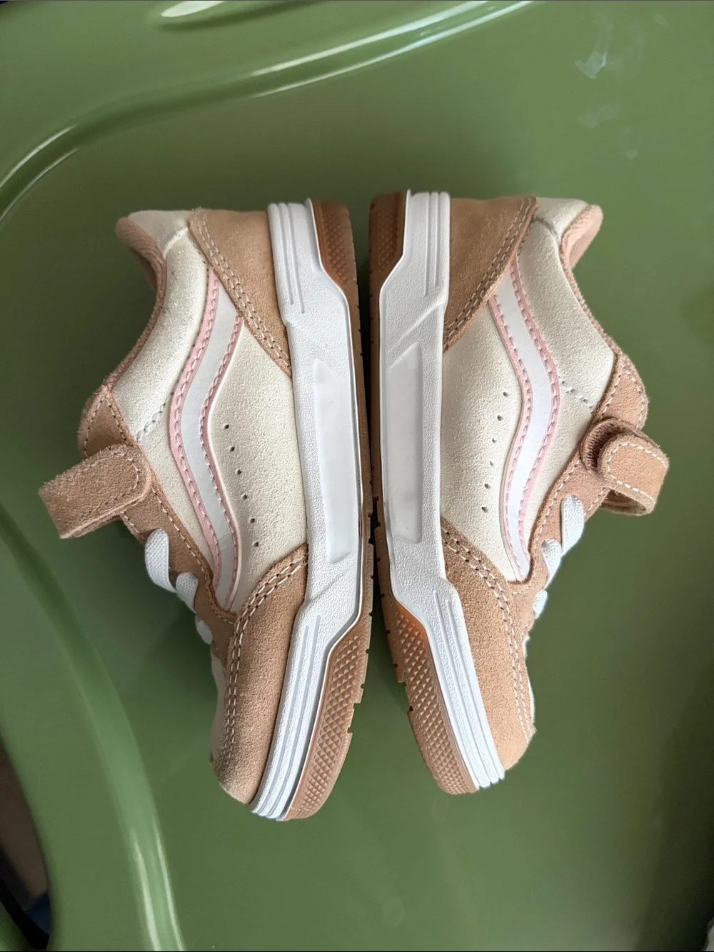 Kids Beige and Pink Suede Sneakers with White Laces